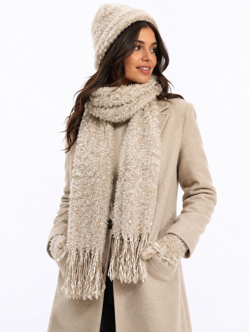 F200 Cream Fuzzy Winter Hat Gloves Scarf Set Soft Cozy One Size